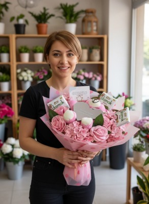 Pembe Gul Ortanca Buketi